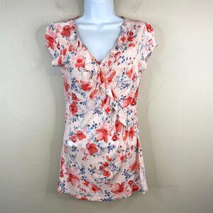 Vintage Y2K Womens Surplice Ruffle Top Size S Pink Poppy Floral Dainty Coquette